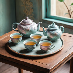 Traditional tea set with floral design, inviting atmosphere for Chinese New Year celebrations, copy space
