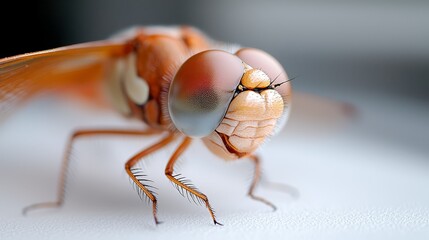 A close up of a dragonfly's face on a white surface