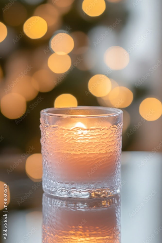 Poster Lit candle in glass with blurred bokeh background.