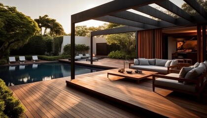 Fototapeta premium Cozy and Inviting Outdoor Garden Space Featuring Sunlit Pool, Modern Lounge Area, and Lush Greenery in a Serene Setting