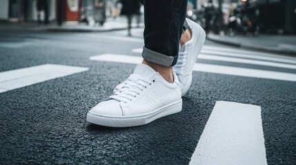 Fototapeta premium White leather sneakers on city street.