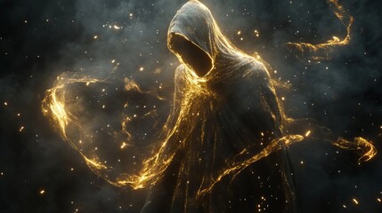 Glowing Golden Ghost with Flowing Robes and Particles Against a Dark Background. AI generated illustration