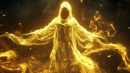Glowing Golden Ghost with Flowing Robes and Particles Against a Dark Background. AI generated illustration