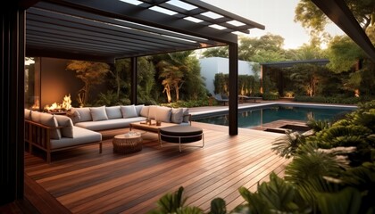 Fototapeta premium Elegant outdoor garden space with modern furniture, serene pool, and lush greenery in a tranquil setting for relaxation and enjoyment