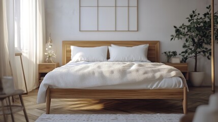 Cozy bedroom with a wooden bed frame, soft pillows, blankets, and natural light. Perfect for interior design inspiration and home decor.