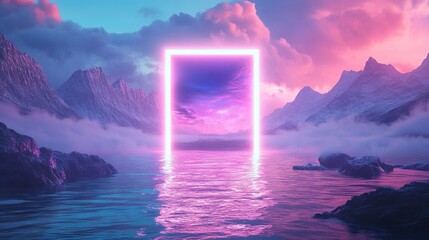 Glowing Neon Rectangle Portal Floating Above Water with Mountains and Cloudy Sky - Otherworldly Sci-Fi Environment. AI generated illustration