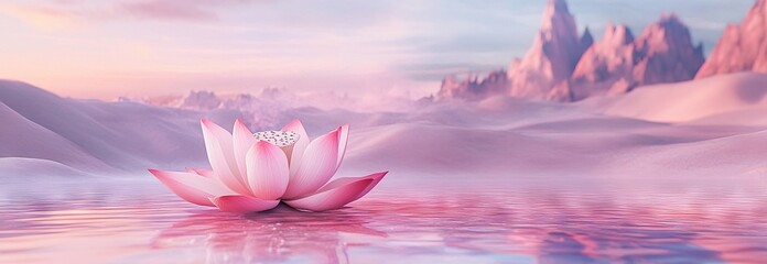 3D Render of a Pink Lotus in a Surreal Fantasy Landscape with Pastel Colors. AI generated illustration