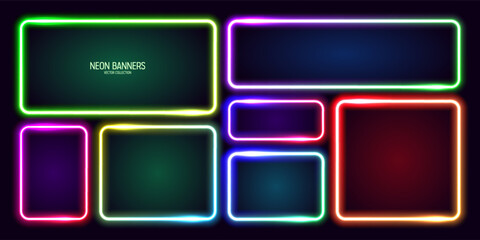 Colorful glowing neon banners, illuminated square frames. Shiny vibrant border, glow effect. Purple vintage retro lights, night illumination. Modern futuristic UI design elements. Vector illustration