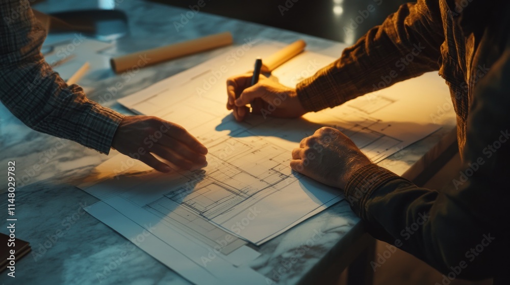 Poster two architects reviewing blueprints on a table.