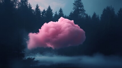 Pink Cloud Floating Above a Dark Forest - Ultra-Realistic Horror Photography with Cinematic Shot. AI generated illustration