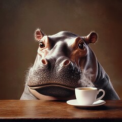 Happy Hippopotamus Enjoying a Cup of Coffee at the Table - Realistic Studio Photography. AI generated illustration