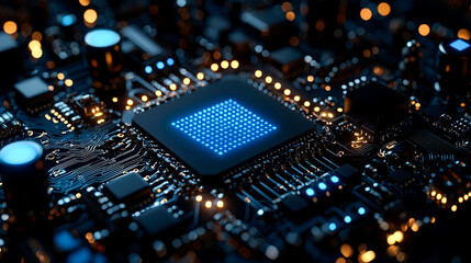 Obraz premium Close-up of illuminated central processing unit on circuit board.