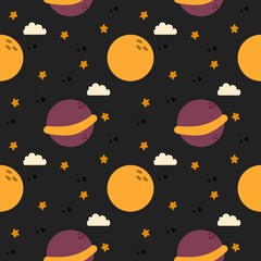 Naklejka premium Saturn and moon cartoon so cute. On cloud star black background. Pattern seamless vector illustration. 