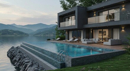 Fototapeta premium Luxury Lakefront Modern Home Infinity Pool Mountain View