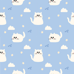 White cat cartoon so cute. On cloud star blue background. Pattern seamless vector illustration. 