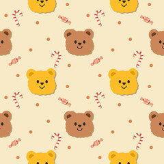 Face bear yellow and brown cartoon so cute. On candy cane polka dot yellow background. Pattern seamless vector illustration. 
