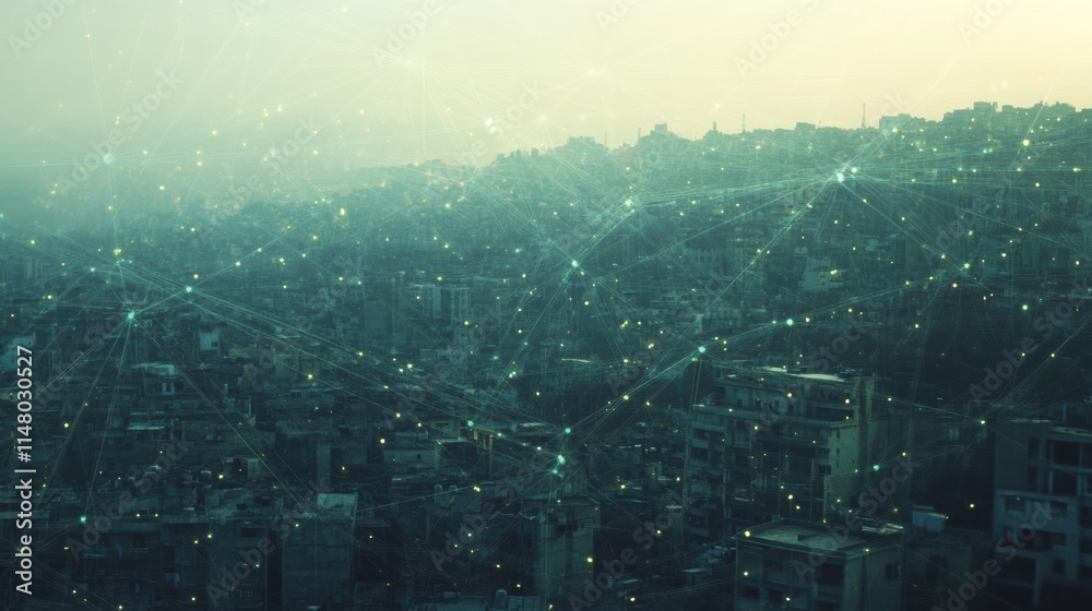 Leinwandbilder cityscape blended with digital neural network illustrating the concept of ai integration into urban 