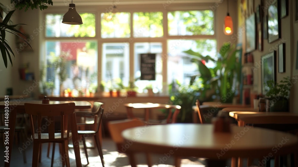 Poster blurred interior of a cafe with tables and chairs.