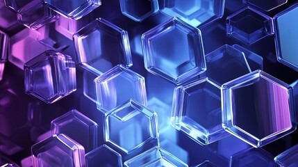 A series of translucent hexagons in cool blues and purples, creating a futuristic feel.