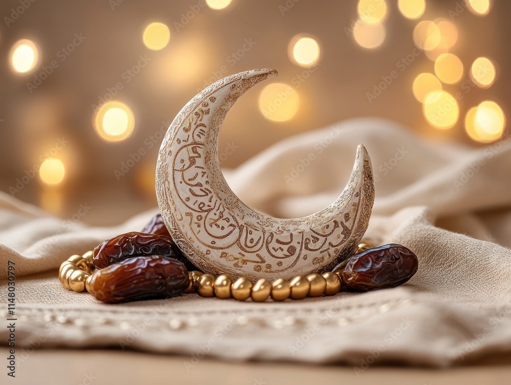 Poster crescent moon with dates, and beads on cloth with bokeh.