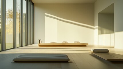 Fototapeta premium Minimalist modern meditation space with clean, serene design. Featuring neutral tones and sleek furnishings
