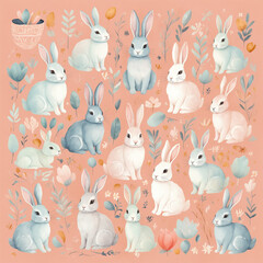 Obraz premium Charming rabbit pattern on peach background, playful design for festive occasions, copy space