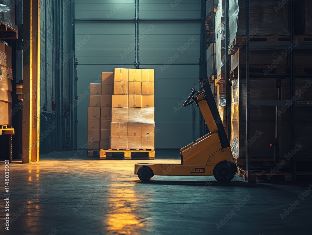 Poster warehouse with stacked boxes and forklift.