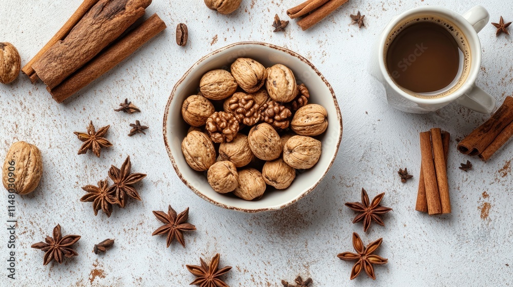 Poster flat lay of nuts, spices and coffee on white.