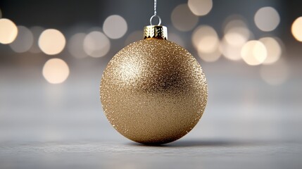 A gold christmas ornament hanging from a string on a table