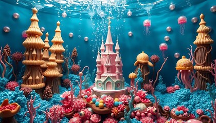 Naklejka premium Underwater Castle Fantasy Scene With Jellyfish And Coral