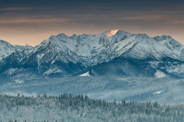 Winter landscape in Tatra Mountains at snowy day.