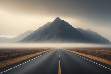 arafed road with a mountain in the distance and fog in the air