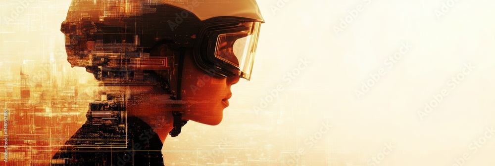 Leinwandbilder Profile of a person in a safety helmet and goggles with an abstract city background during a construction site perspective. Generative AI