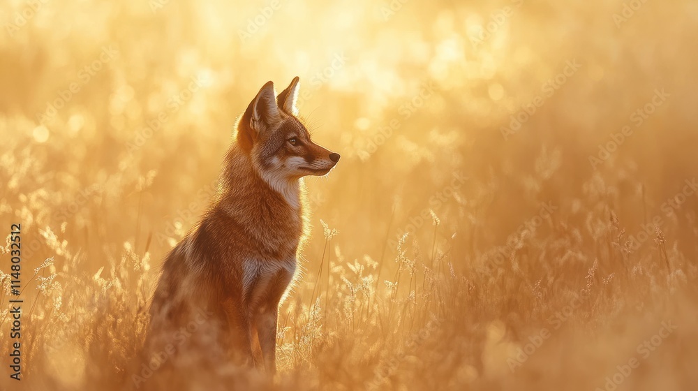 Poster coyote sits in a golden field with sunlight.