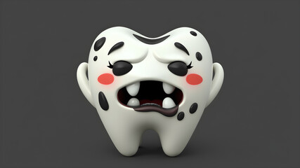 cavities, black and dirty teeth. dental health conditions. sad, funny, cute, and adorable tooth character. Gloomy expression. 3d illustration design. vector. Generative AI