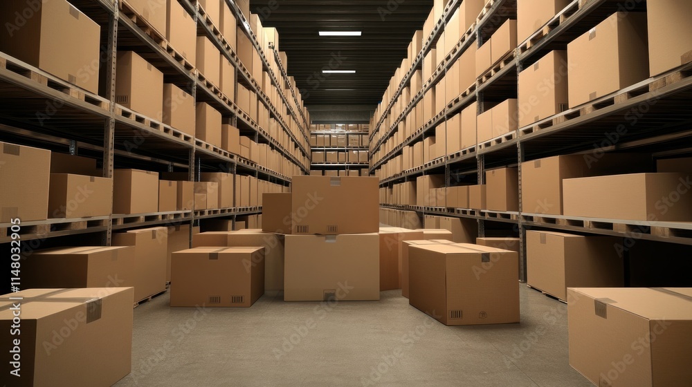 Poster warehouse with cardboard boxes stacked on shelves and on the floor.