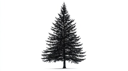 A solitary evergreen tree stands tall against a white background