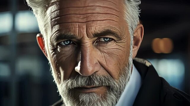 An evening portrait of a distinguished man with striking silver hair and a thoughtful gaze in a stylish urban setting