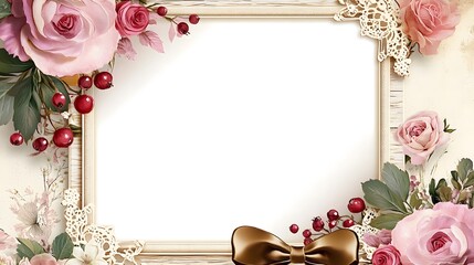 A decorative floral frame featuring roses and berries, ideal for invitations or announcements.