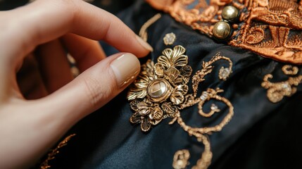 Closeup of Exquisite Gold Embroidery on Black Fabric