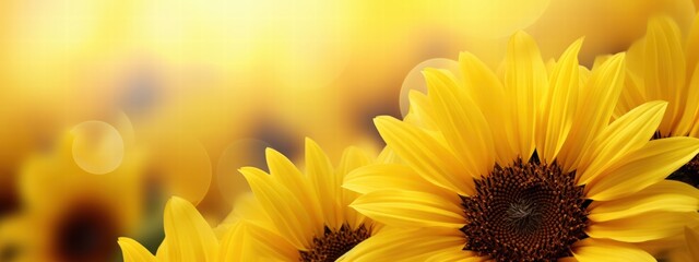 Obraz premium Bright Yellow Sunflowers in a Garden Under the Sun with a Beautiful Bokeh Background Capturing Nature's Vibrancy and Beauty