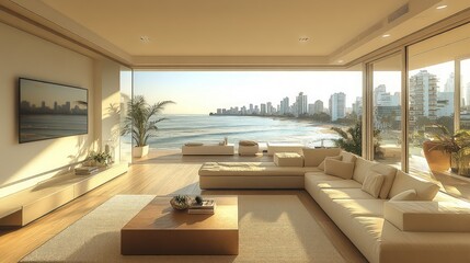 Obraz premium Oceanfront living room; modern, luxurious, sunny.