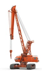 Large orange crawler crane lifting a heavy load at a busy construction site