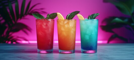 Refreshing cocktail creations trendy bar beverage photography neon atmosphere close-up vibrant colors
