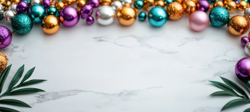 Festive holiday ornaments display marble background decorative content celebratory environment top-down view season's spirit