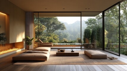 Fototapeta premium Minimalist room, forest view, fire, floor seating.