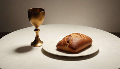 Bread and chalice in a minimalist style in golden hues representing Easter communion