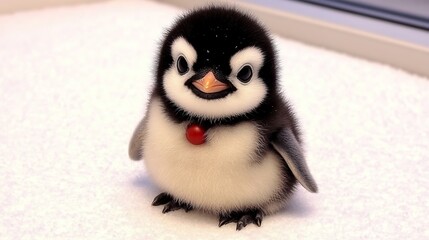 Fototapeta premium Adorable Penguin Chick Wearing a Tiny Red Bead