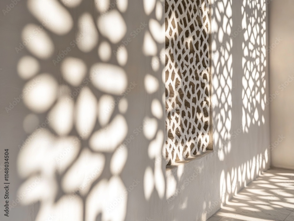 Poster sunlight through lattice casts shadows on a white wall.