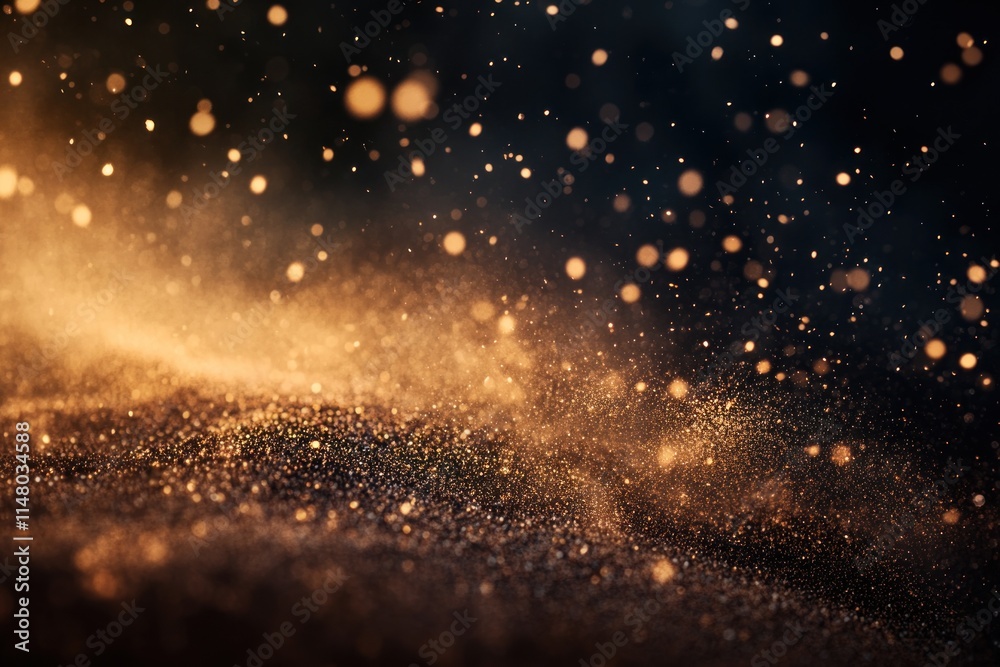Poster golden sparkling particles dust moving with dark background.